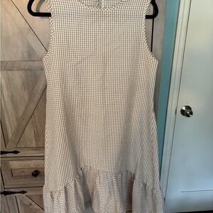 Sleeveless Beige Gingham Ruffle-Hem Mini Dress